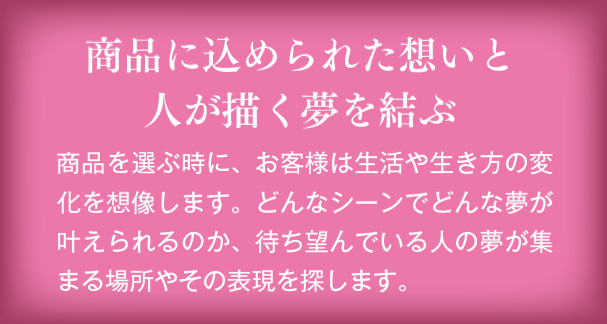 商品に込められた想いと人が描く夢を結ぶ　商品を選ぶ時に、お客様は生活や生き方の変化を想像します。どんなシーンでどんな夢が叶えられるのか、待ち望んでいる人の夢が集まる場所やその表現を探します。